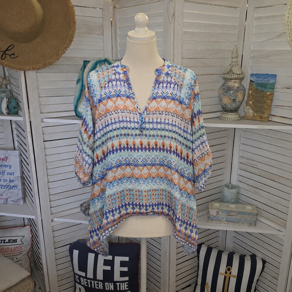 Grand &‎ Greene Aztec Boho Sheer V Neck Blouse Size L